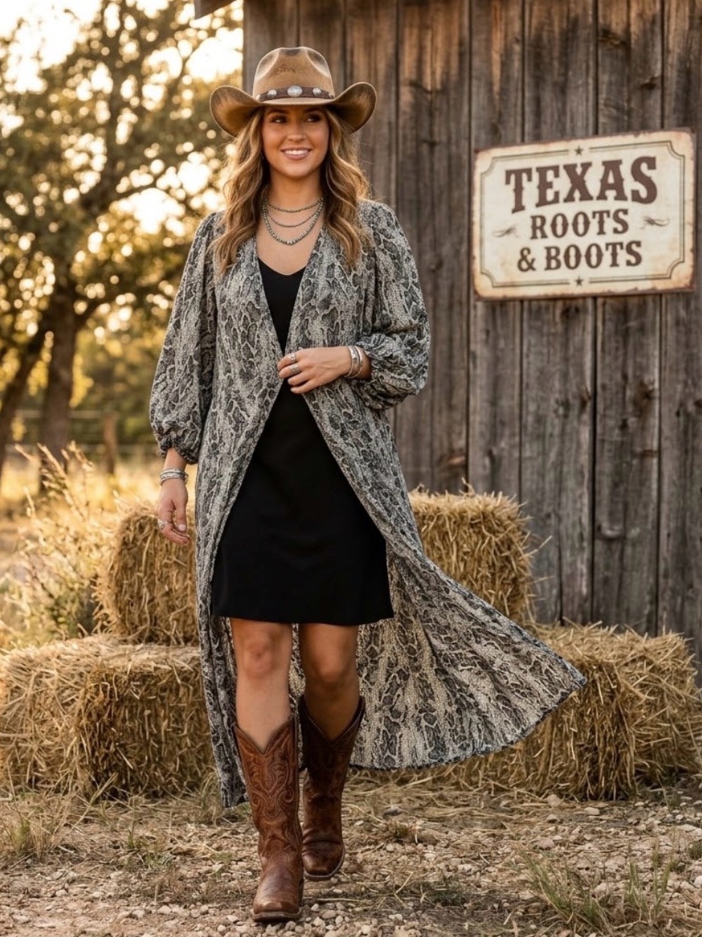 Adrienne Maxi-Length Duster- Green and Black Snake Print w/ Bubble Sleeve Medium